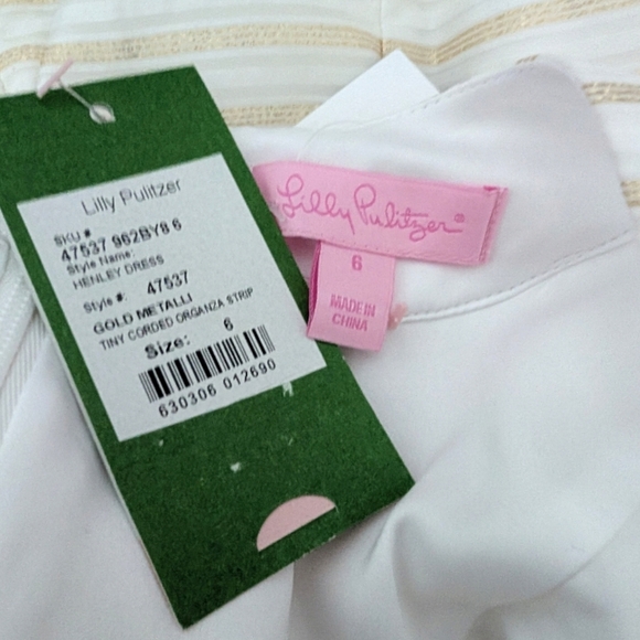 Lilly Pulitzer Henley Dress NWT Size 6 White Gold Metallic Stripes Bow - Picture 2 of 14
